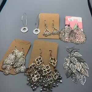 Lot of 6 Silver Toned Dangle Style Earrings